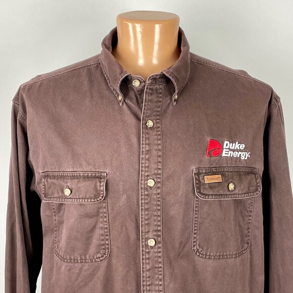 Carhartt Canvas Twill Work Shirt Sz XL Chocolate Brown Embroidered Duke Energy - Picture 2 of 6